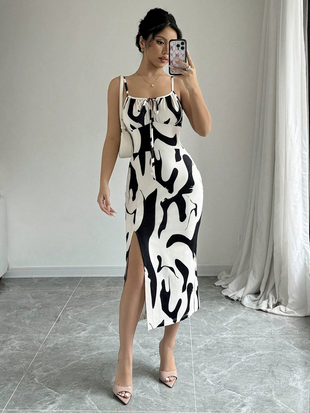 ZARA Spring Summer Sophisticated Cow Print Spaghetti Strap Midi Dress